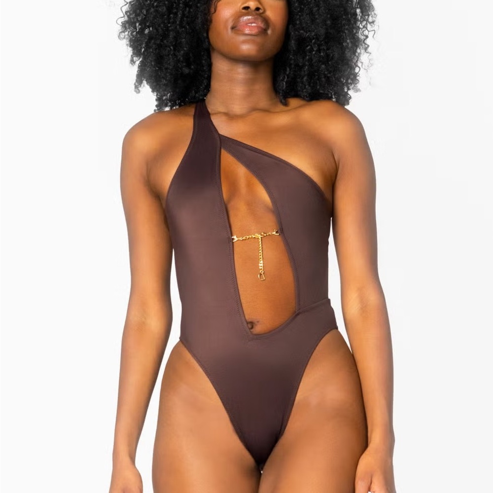 437 One-Shoulder Cut Out Brown Swimsuit